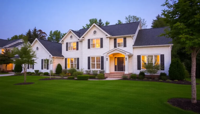 Huge white house exterior at dusk with light on inside and nice front lawn.