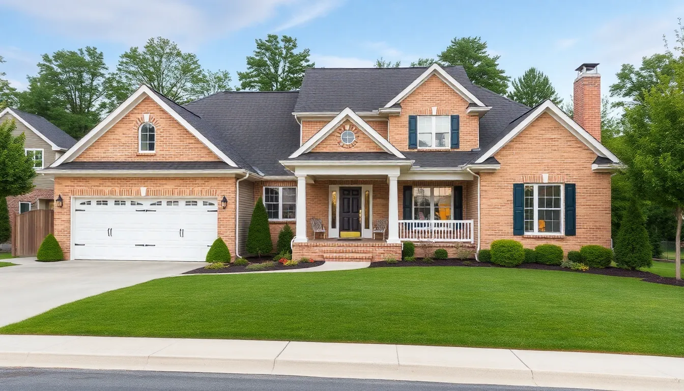 Very nice home with light red bricks and nice green grass.